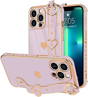 iPhone 12 Pro Cute Love-Heart Plating Strap Phone Cover για γυναίκες Κορίτσια Bling Σιλικόνη κάμερα Λινσάκι Προστασία προφυλάκτη