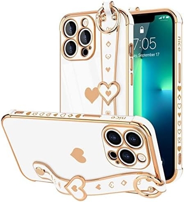 iPhone 12 Pro Cute Love-Heart Plating Strap Phone Cover για γυναίκες Κορίτσια Bling Σιλικόνη κάμερα Λινσάκι Προστασία προφυλάκτη