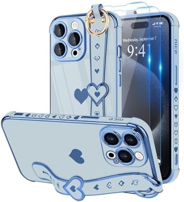 iPhone 12 Pro Cute Love-Heart Plating Strap Phone Cover για γυναίκες Κορίτσια Bling Σιλικόνη κάμερα Λινσάκι Προστασία προφυλάκτη