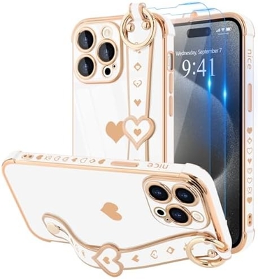 iPhone 12 Pro Cute Love-Heart Plating Strap Phone Cover για γυναίκες Κορίτσια Bling Σιλικόνη κάμερα Λινσάκι Προστασία προφυλάκτη