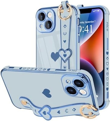 iPhone 12 Pro Cute Love-Heart Plating Strap Phone Cover για γυναίκες Κορίτσια Bling Σιλικόνη κάμερα Λινσάκι Προστασία προφυλάκτη
