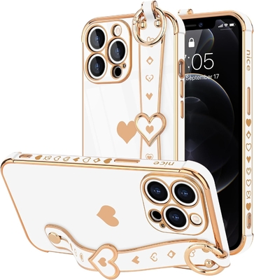 iPhone 12 Pro Cute Love-Heart Plating Strap Phone Cover για γυναίκες Κορίτσια Bling Σιλικόνη κάμερα Λινσάκι Προστασία προφυλάκτη