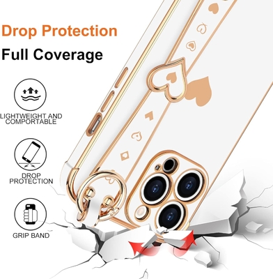 iPhone 12 Pro Cute Love-Heart Plating Strap Phone Cover για γυναίκες Κορίτσια Bling Σιλικόνη κάμερα Λινσάκι Προστασία προφυλάκτη