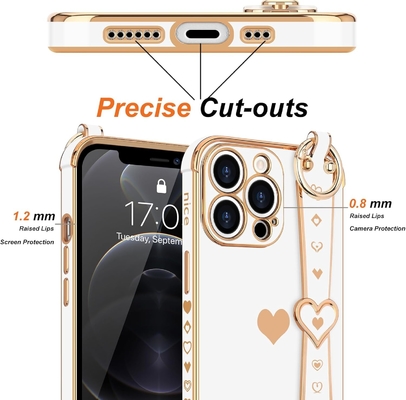 iPhone 12 Pro Cute Love-Heart Plating Strap Phone Cover για γυναίκες Κορίτσια Bling Σιλικόνη κάμερα Λινσάκι Προστασία προφυλάκτη