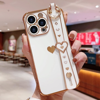 iPhone 12 Pro Cute Love-Heart Plating Strap Phone Cover για γυναίκες Κορίτσια Bling Σιλικόνη κάμερα Λινσάκι Προστασία προφυλάκτη