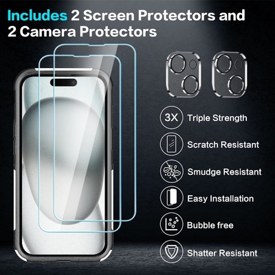 [5 σε 1 για iphone 15 Plus Κουτί,με 2 πακέτα προστατευτικό οθόνης + 2 πακέτα προστατευτικό φακού κάμερας,βαρύ-καθήκοντα ανθεκτικό
