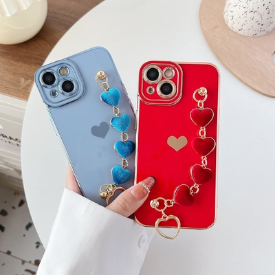 για το iPhone 12 Pro Max Κεφάλαιο,Cute Plating Love Heart Wrist Strap Chain Bracelet Soft συμβατό με