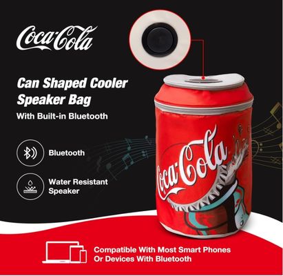Coca Cola Can Shape Cooler Bag with Bluetooth Speaker, 5H Playtime, Adjustable Straps, Zippers, 5-Layer Insulated Fabric Keeps Food Fresh for 12 Hours, Perfect for Outdoor and Indoor BBQ Parties
