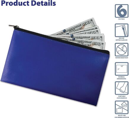 Better Office Products 6 Pack, Zippered Security Bank Deposit Bag, Leatherette, Cash Bag, Coin Bag, Utility Pouch, Blue