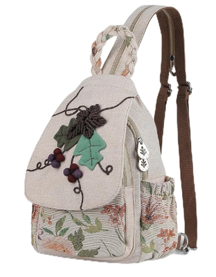 Lady's Convertible Sling Bag, Hand Craft Artisan Purse, Beautiful Canvas Premium Casual Day Mini Backpack for Women (Two Grapes)