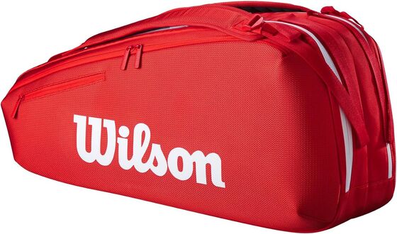 Wilson Super Tour Red Tennis Racket Backpack designed to hold up to 6 rackets with thermoguard lining and dual carrying system for comfortable transport