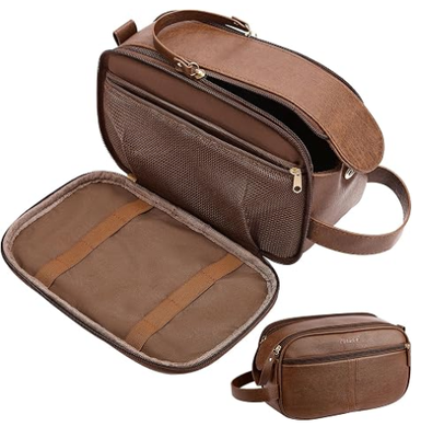 PU Leather Toiletry Bag for Men, Brown | Travel Toiletry Organizer for Grooming, Shaving Bag for Toiletries Accessories, Bathroom Essentials